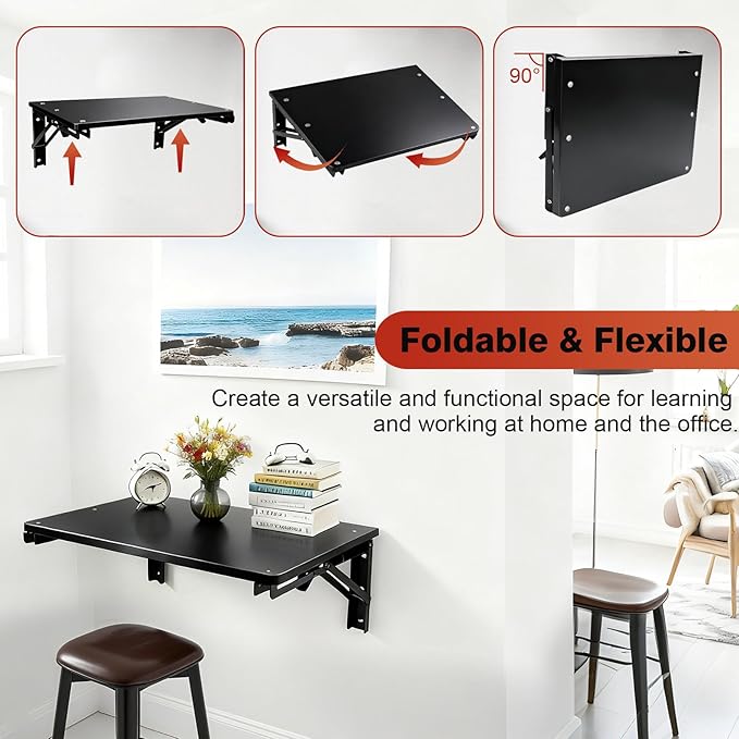Folding Shelf Wall Mounted for Small Space, Black Wall Table for Living Room Bedroom Decor, Home Office Floating Fold Down Desk, Media Shelves with Heavy, 16.5"*11.8"