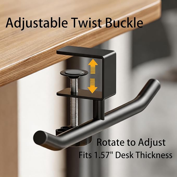 Heavy Duty Desk Hook Clamp, Adjustable Backpack Hanger, No Drill Headphone Holder, Clip-On Purse Hook for Table, Bag Hanger for Office Classroom Home, Gifts for Gamers, Office Desk Gaming Accessories