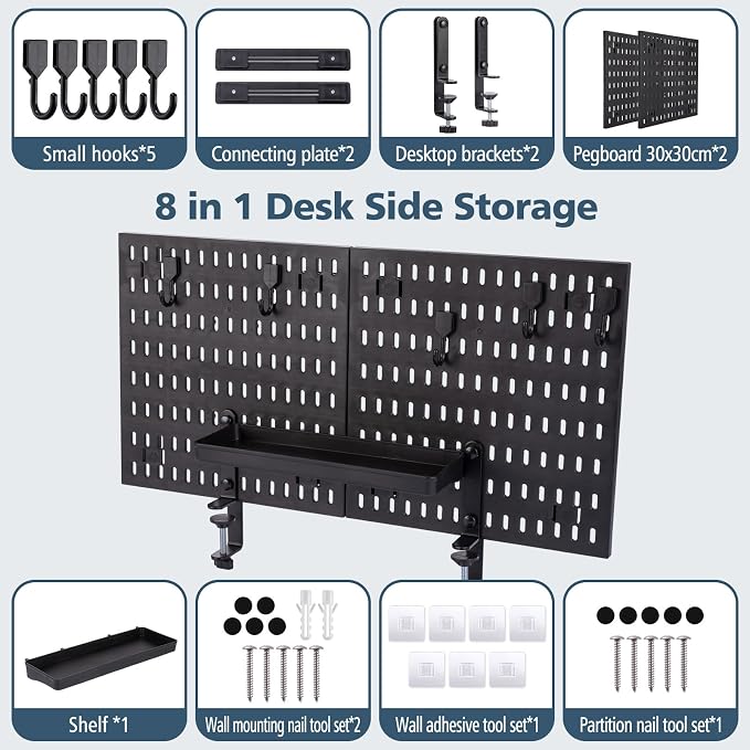 Gaming Desk Organizer - Clamp-on Desk Pegboard, No Drill Desk Side Storage with 5 Hooks and 1 Tray, Detachable Gaming Pegboard for Office & Home Desktop Organizer