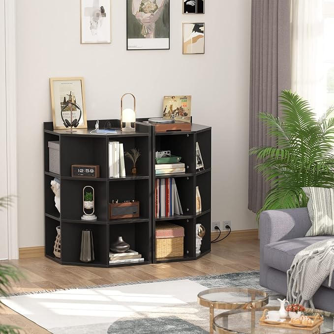 Aheaplus Corner Cube Book Shelf, 4-Tier Corner Cabinet with Power Outlets, Corner Cube Storage Shelf with Top Table, Wooden L Shaped Cubby Bookcase for Home Office, Bedroom, Living Room, Black