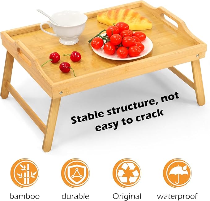 2 Pack Bamboo Bed Tray Table, Folding Legs and Handles, Breakfast Tray, Laptop Desk for Bed or Sofa, Serving Tray for Eating, Working, Reading,Picnic