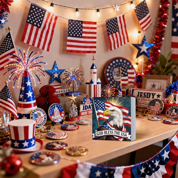 Patriotic Wooden Box Sign,God Bless The USA 4th Of July Signs Home Decor,Independence Memorial Day Block Sign for Desk Shelf Tabletop Decor