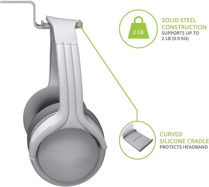 Kanto HH Universal Under Desk Headphone Hook - White - Solid Steel Construction - Mount using 3M adhesive or 2 included screws