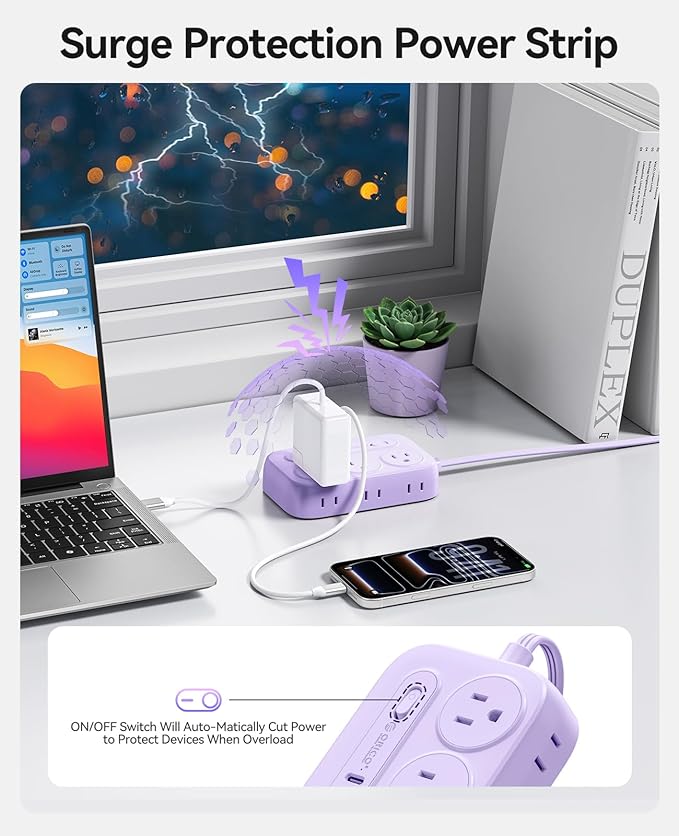 ORICO Surge Protector Power Strip, PD20W Multiple Outlets Extension Cord with 6 AC Outlets and 4 USB Charging Ports (2 USB-C), Flat Plug, 5 Ft Mountable Outlet Extender for Office/Dorm ETL Listed- OG
