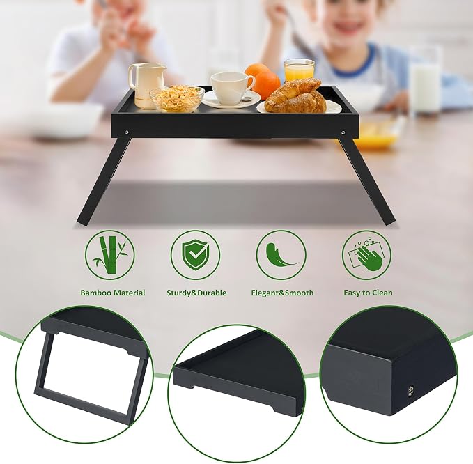 Bamboo Bed Tray Table with Foldable Legs, Breakfast Tray (Black) | Laptop Desk with Folding Legs for Bed or Sofa,Food,Dinner, Serving,TV Table,Kitchen,Eating,Working