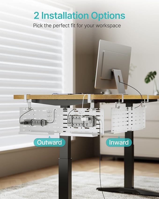 PEGZONE Under Desk Cable Management Tray, 30.2" Vertical Pegboard Organizer for Power Strip & Cords, with Hooks, Trays & Straps, No-Drill C-Clamp for Home Office, White