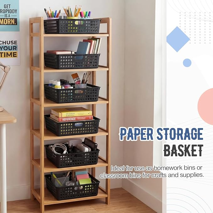 Geetery 6 Pack Classroom Storage Baskets with Handle 14''x10'' Paper Tray Holds A4 Turn in Trays Plastic Paper Baskets Desk Organizer Bin for Classroom, Library, Office, Home (Black)