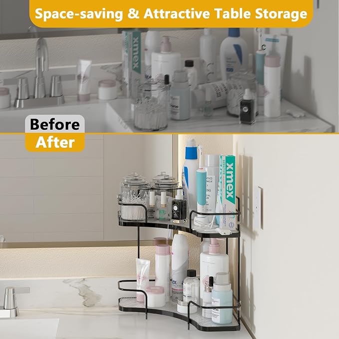 FOLLOWIN 2 Tier Countertop Corner Organizer, Corner Shelf for Vanity Countertop, Bathroom, Kitchen & Coffee Bar, Open Metal Frame with Clear Trays, Tool-Free Assembly, Space-Saving Storage, Black