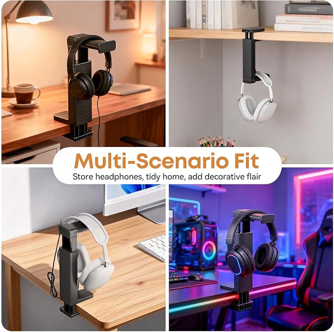 Headphone Stand & Hanger for Desk, 2 in 1 Above & Under Desk Gaming Headset Holder Mount with Height Adjustable & Rotating Clamp, Dual-sided Anti-slip Pad Earphone Rack with Cable Clip Headphone Cases