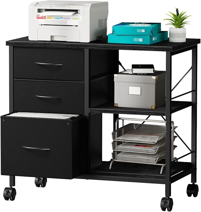 OLIXIS 3-Tier Printer Stand with Fabric Storage Drawer, Rolling Printer Cart with Lockable Wheels and Metal Frame, Under Desk Table with Open Storage Shelf for Small Spaces, Home, Office, Black