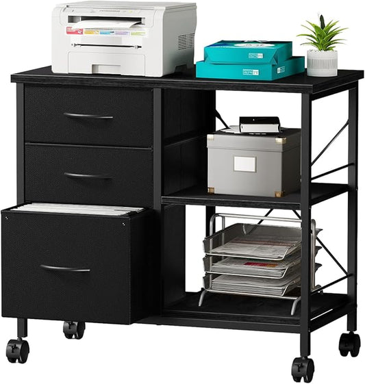 OLIXIS 3-Tier Printer Stand with Fabric Storage Drawer, Rolling Printer Cart with Lockable Wheels and Metal Frame, Under Desk Table with Open Storage Shelf for Small Spaces, Home, Office, Black