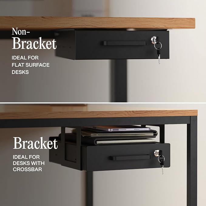 Under Desk Drawer Slide-Out – Lockable Metal Storage Drawer with Cable Management for Office & Home (Single, Bracketed)