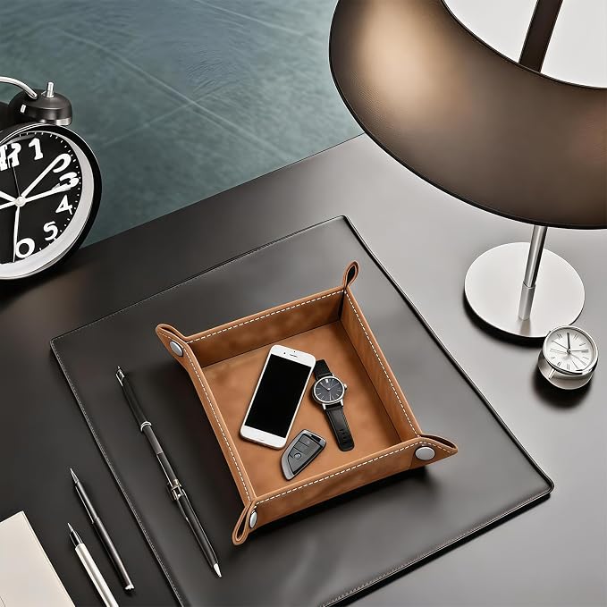 Valet Tray Desktop Storage Organizer – Vegan Leather Catchall Bedside Vanity Tray Nightstand Caddy Holder for Remote Controller, Watch, Keys, Phone, Wallet, Coin, Jewelry, Stone Khaki