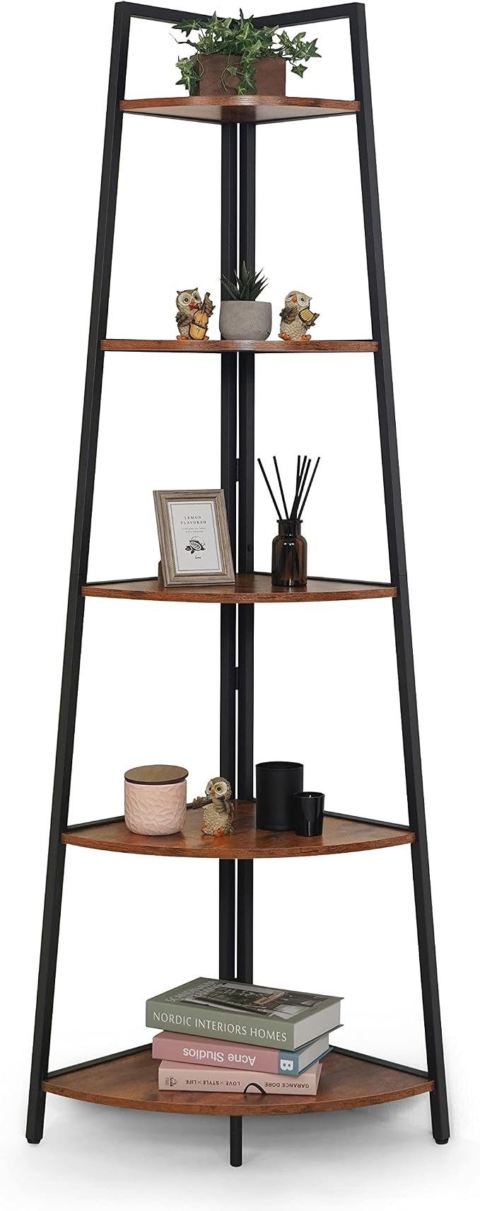 CAPHAUS Tall Corner Shelf Stand, 5-Tier Display Shelves, Ladder Corner Wood Storage Plant Bookshelf with Metal Frame, Versatile Shelving Unit Bookcase for Home Office Space, Rustic Oak