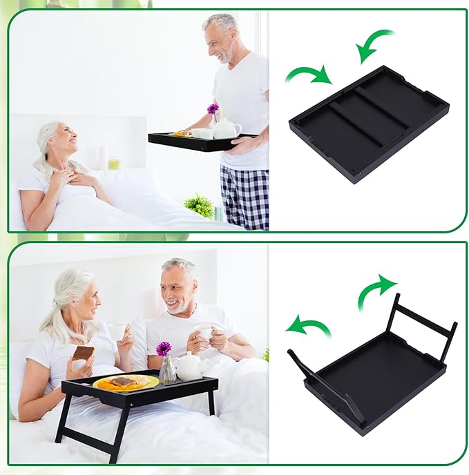 Artmeer Bamboo Bed Tray Table with Folding Legs, Phone/Tablet Holder, Foldable Breakfast Table, Laptop Desk (Black, Medium)