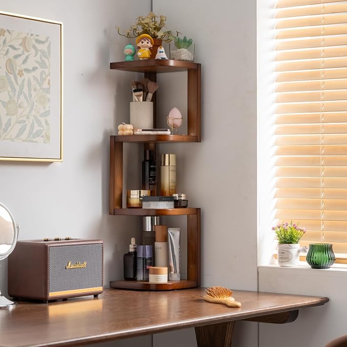 Corner Shelf Stand Desk Organizer,26.8" H Rubberwood Brown Rack for Small Spaces, Bedroom,Home Office,Kitchen,Bathroom (Walnut, 4 Tier)