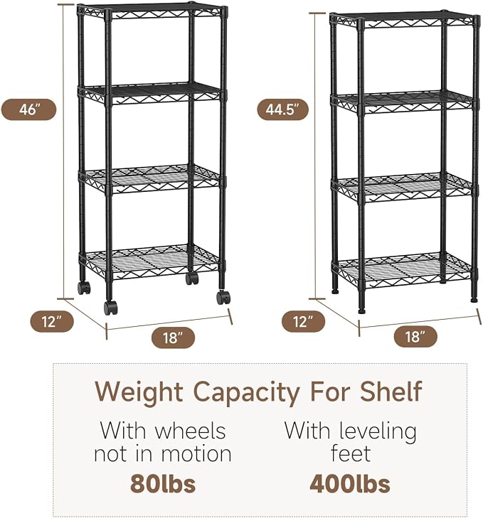 Golpart 4 Tier Adjustable Storage Shelves Metal Utility Shelf Wire Shelving Unit Organizer Rack for Home Kitchen Office Bathroom Pantry Room 12" D x 18" W x 44" H