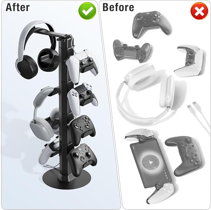 Controller & Headset Holder Stand for Desk, with Charger Cable Organizer Headphone Stand for PS5/ Xbox/ PS4/ Switch, Metal Base Controller Hanger Hook for Storage Earphones, Game Console, Mobile Phone