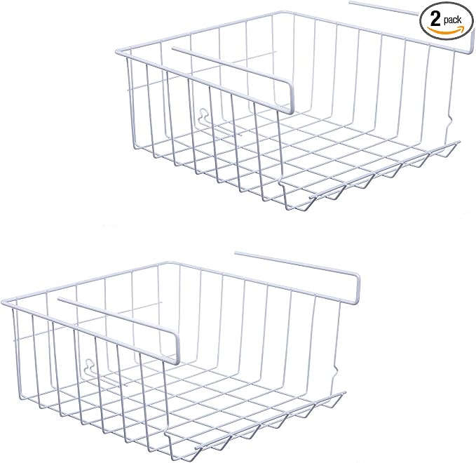 Under Shelf Storage Basket, 2-Pack Under Shelf Hanging Metal Wire Storage Basket Organizer for Kitchen, Office, Pantry, Bathroom, Cabinet, White