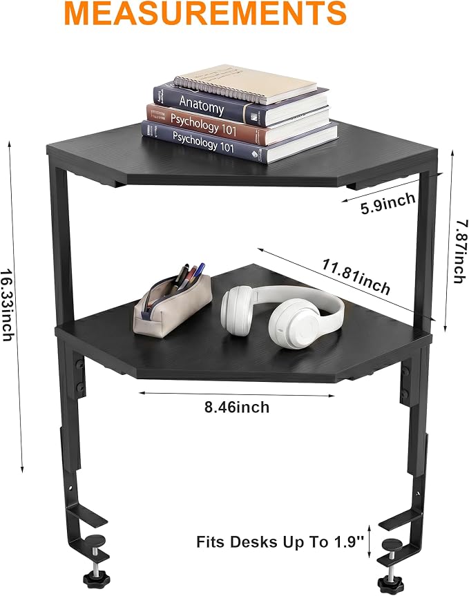 2-Tier Clamp on Desk Shelf Adjustable Desktop Storage Desk Rack | Wood Clamp on Desk Organizer Shelf, Floating Corner Shelf for Desk Accessories and Gaming Devices