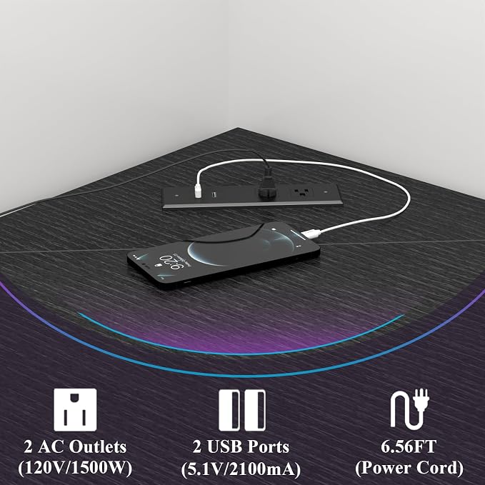 Auromie Corner Desk with Outlets & USB Ports, 90 Degree Triangle Corner Table with CPU Stand & Storage Shelves for Small Space, Computer Table with Charging Station for Home Office Bedroom (Black)