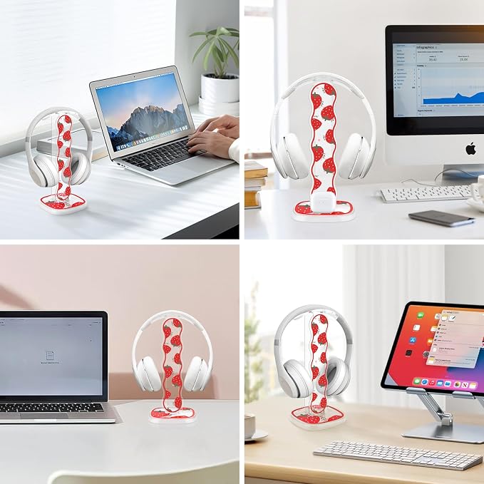 CamyCosy Headphone Stand Gaming Headset Holder for Desk,Clear Pretty Strawberry Flowers Pattern Cellphone Stand Earphone Stand Desk Accessories for All Headphones Size