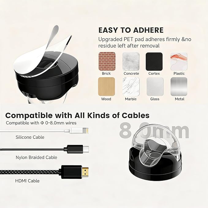 IFNOW Magnetic Cable Clips for Nightstand Self Adhesive Cord Holder Adjustable Clip for Desk, Nightstand, Phone Charger, Computer, Home, Office, Car (Black-New, 6PCS)