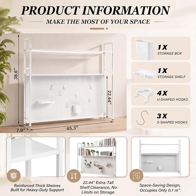 Leinuosen Desktop Shelf for Dorm Desk Hutch Bookshelf with Pegboard and Hooks 2 Tier Organizer Countertop Storage Bookcase Metal Hutch Display Rack with Hooks for Home Office College Dorm