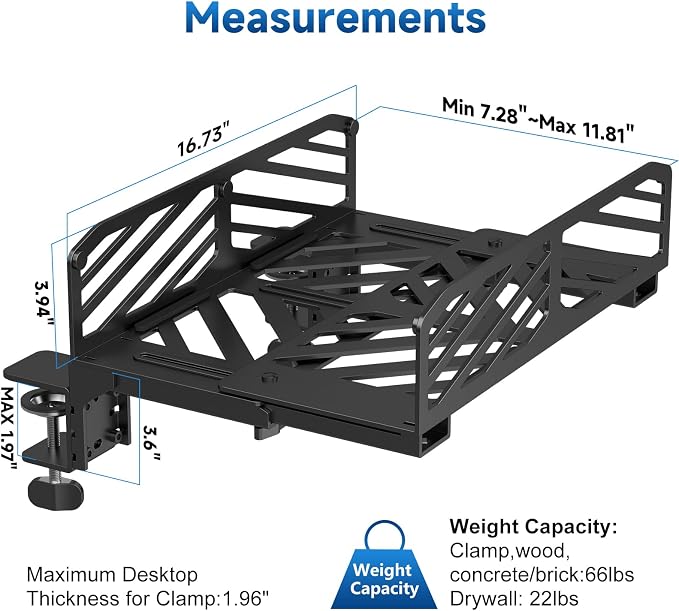 Suptek Clamp-on Desk Extender PC Desk Mount Holder,Standard and Large Gaming Computer Case Stand, Adjustable Width PC Mount, Black
