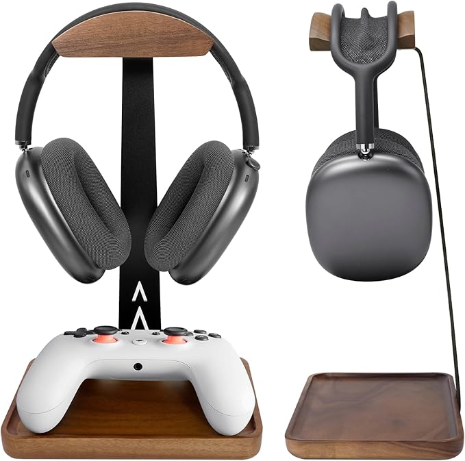 GEVO Headphone Stand, Walnut Wood Headset Stand with Controller Holder, Gaming Equipment Accessories for Husband, Teens, Boyfriends, Brothers, and Gamers