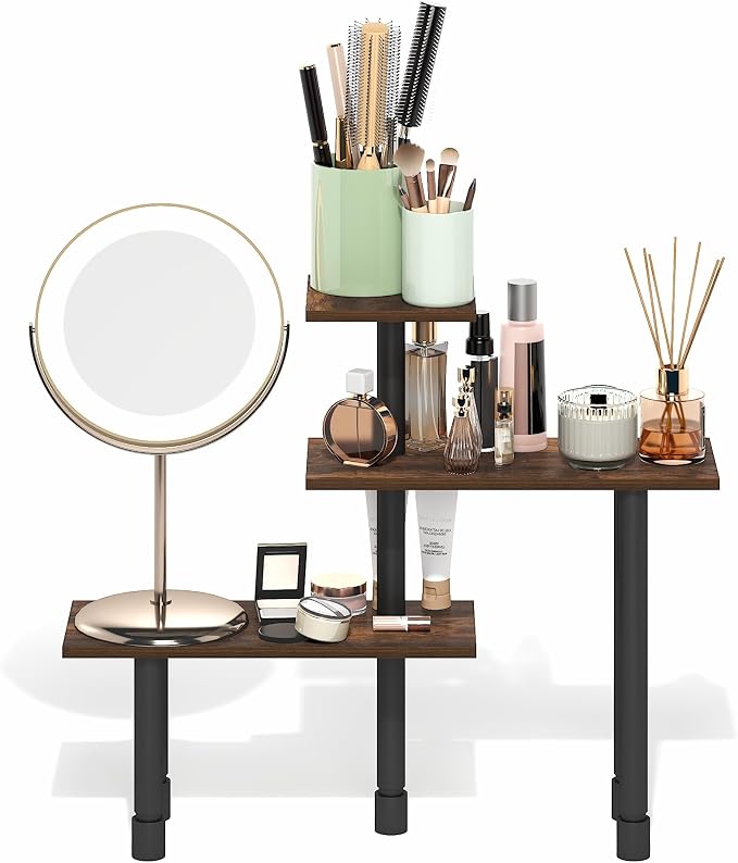Furinno Turn-N-Tube Corner Shelf, 3-Tier Countertop Corner Organizer, Toolless Pantry Organizers and Accessories, Adjustable Table Top Shelf, for Vanity, Small Spaces, Kitchen, Bathroom, Amber Pine