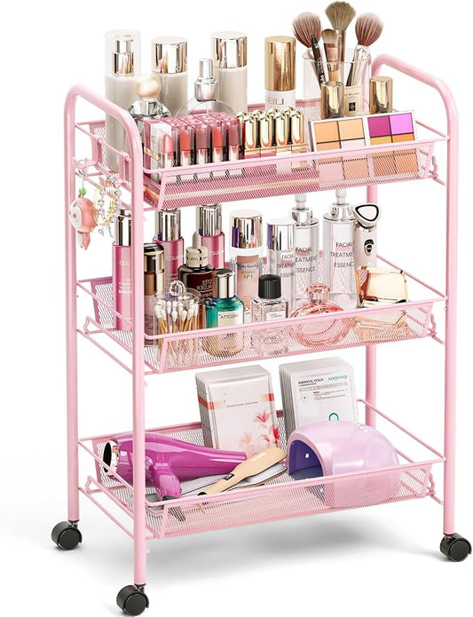 TOOLF 3 Tier Rolling Cart Pink - Metal Storage Organizer with Wheels, 33 lbs Shelf Capacity, Easy 5-Min Assembly, for Girls Room Bathroom Kitchen Office Nursery, Compact Design for Small Spaces, Pink