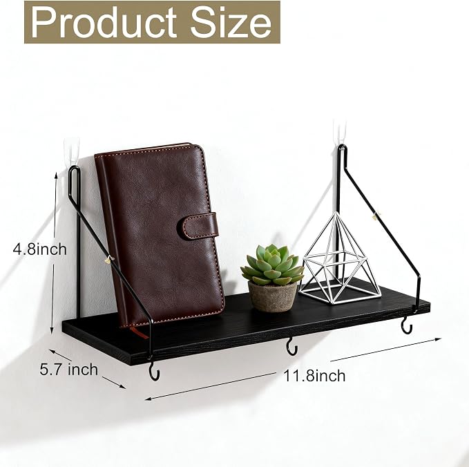 2 Pack Black Cubicle Shelf With Hooks For Fabric Walls, 12'' Wooden Office Cubicle Accessories for Work, Floating Wall Shelf for Decor, Hanging Organizer for Cubicle Wall Storage & Office Decorations