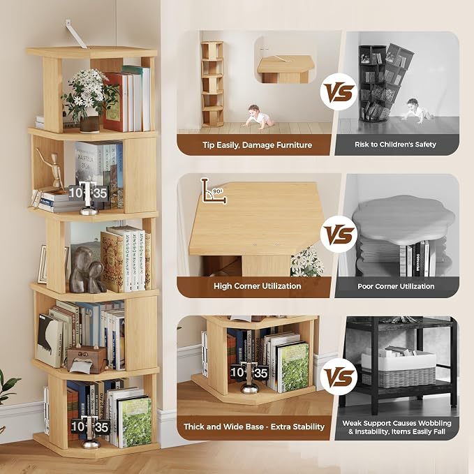 5 Tier Square Bookshelf Tower, Floor Standing Corner Bookshelf Modern Organizer Storage Display Rack for Home Office Living Room Study, Small Spaces