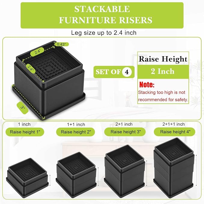 4 Pack Furniture Risers 2 Inch, Adjustable Bed Risers Heavy Duty for Table Desk Couch Chair Sofa Cabinet Bed Frame Dorm, Square Stackable Table Leg Risers Lift Height 2" or 4", Black