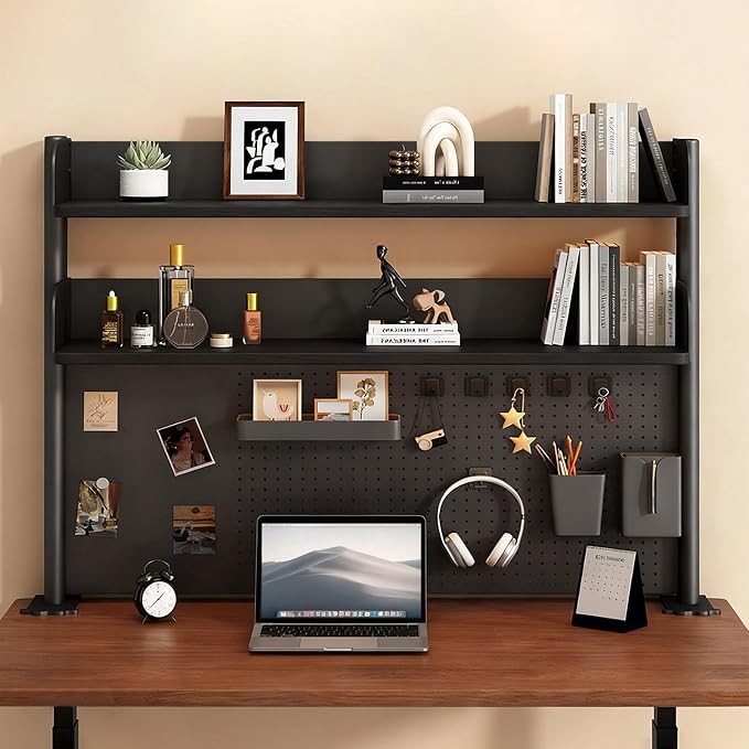 Clamp On Desk Shelf Organizer with Pegboard Desk Hutch Dorm with Storage Bookshelf Desk Top Organizer Shelf Multi-Purpose White & Black Desktop Shelves & Office Shelves (Black, W - 31.5")