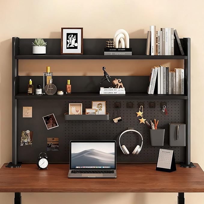 Clamp On Desk Shelf Organizer with Pegboard Desk Hutch Dorm with Storage Bookshelf Desk Top Organizer Shelf Multi-Purpose White & Black Desktop Shelves & Office Shelves (Black, W - 39.4")