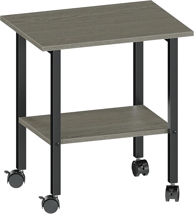 2 Tier Printer Stand with Storage, Under Desk Printer Table, Space-Saving Printer Table with Locking Wheels, Rolling Printer Cart for Home Office, Grey