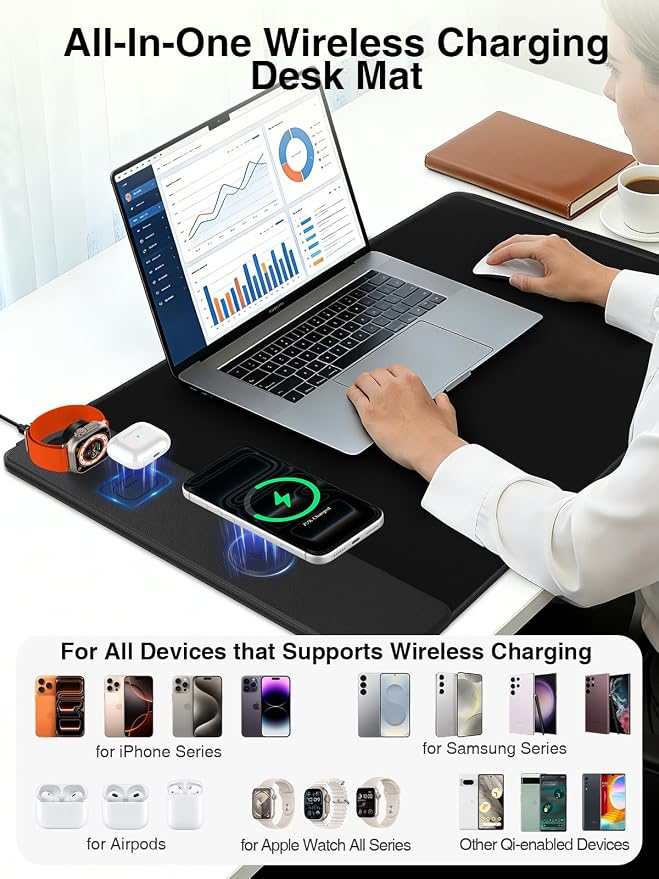 Mouse Pad with Magnetic Wireless Charging, Large Desk Mat, Non-Slip Mouse Mat, Keyboard Pad for Gaming, Desk, Office, PC
