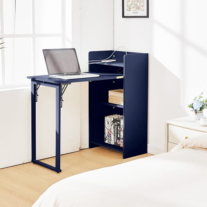 Fold Out Desk,Hidden Desk with Storage and Built-in Socket,Mid Century Foldable Table for Small Spaces,Home Office and Bedroom