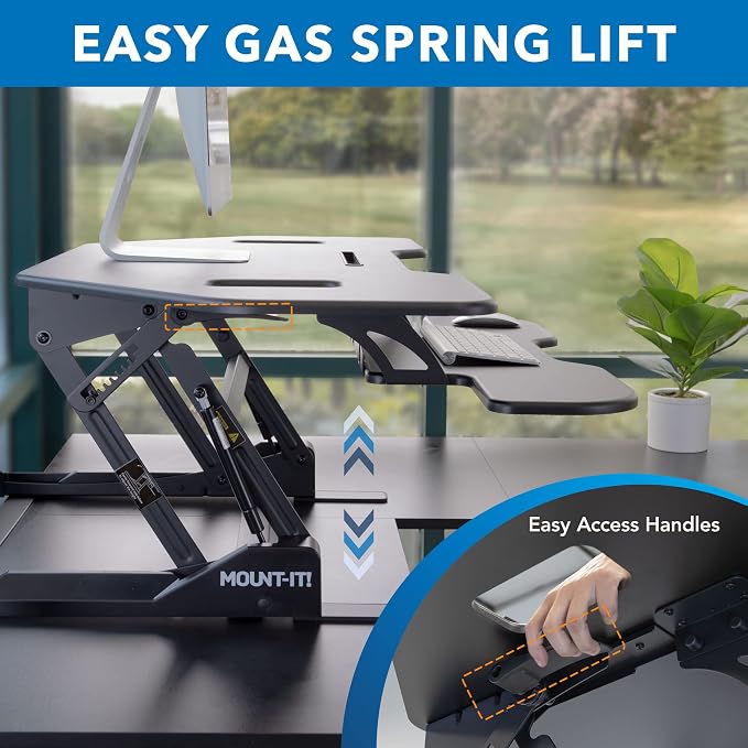 Mount-It! Corner Standing Desk Converter | Height Adjustable 43” Wide Desktop | Corner Stand Up Desk with Gas Spring Handle | Stand Up Computer Workstation with Ergonomic Keyboard Tray | Black