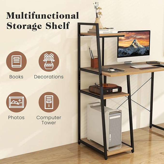 Tangkula Computer Desk with Shelves, Space Saving Home Office Desk with 3-Tier Ladder Shaped Storage Bookshelf, Modern Writing Study Desk with Metal Frame, Compact Computer Workstation (Natural)