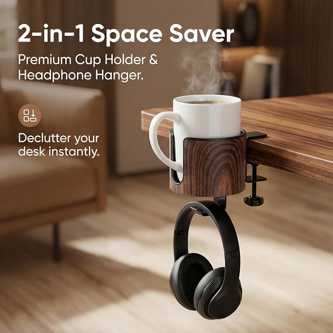 Luxury 2-in-1 Desk Cup Holder with Headphone Hanger for Office, Home, Gaming(Wooden Design)
