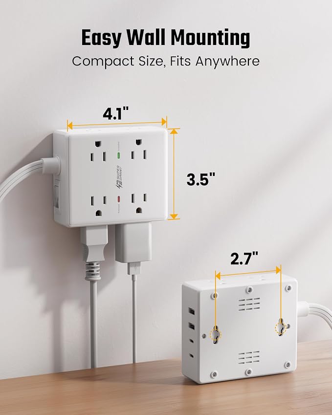 Flat Plug Surge Protector Power Strip, 6ft Ultra Thin Extension Cord with 4 USB (2 USB C Port), 8 Outlets Desk Charging Station, Wall Mountable Outlet Extender for Home Office, College Dorm Room