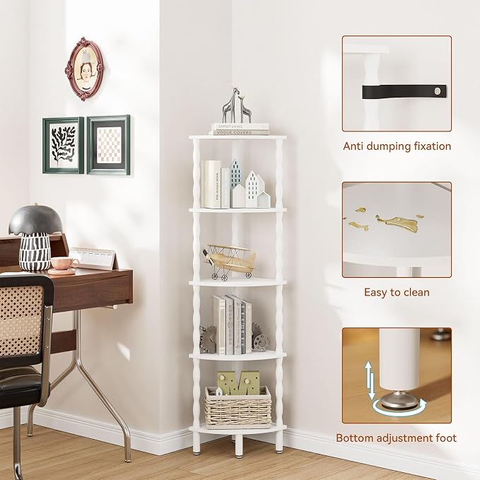IBUYKE 5-Tier Corner Shelf,Stylish Corner Bookshelf for Small Spaces,Industrial Corner Storage Display Shelves,Small Corner Table for Bedroom,Bathroom,Kitchen, White WBC020W