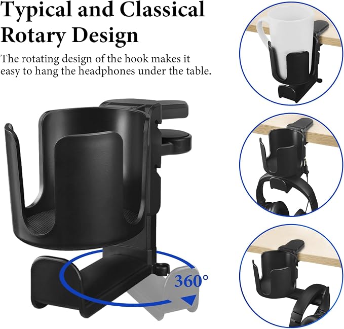GEEKRIA 2 in 1 Headphone Hanger&Desk Cup Holder, Under Desk Clamp Rotatable Headset Compatible with Sennheiser, Bose, Beats, Razer, HyperX, Sony, Suitable for Coffee Mugs, Water Cups (Black)