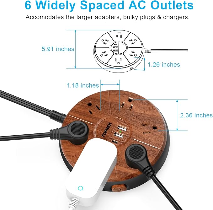 Power Strip with USB - 6 Outlets, 1 USB-C (20W PD), 2 USB-A - Wood Finish Power Strip Surge Protector, 6.5 ft Flat Extension Cord for Home Office, Dorm Desk