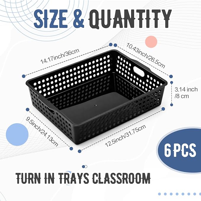 Geetery 6 Pack Classroom Storage Baskets with Handle 14''x10'' Paper Tray Holds A4 Turn in Trays Plastic Paper Baskets Desk Organizer Bin for Classroom, Library, Office, Home (Black)