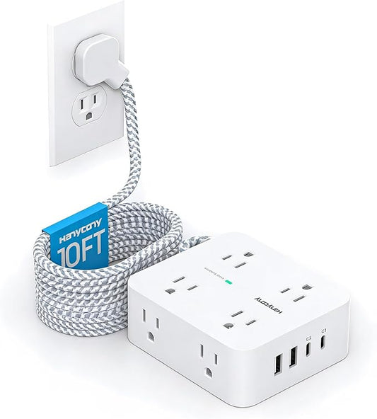 PD 30W USB C Power Strip Surge Protecor, HANYCONY 8 Outlets 4 USB(2 USB C Ports), 1080J Desk Charging Station for Multiple Devices, 10 Ft Flat Plug Extension Cord for College Dorm Room Essentials
