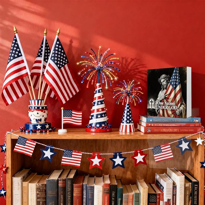 Patriotic Wooden Box Sign,One Nation Under God Jesus 4th Of July Signs Home Decor,Independence Memorial Day Block Sign for Desk Shelf Tabletop Decor